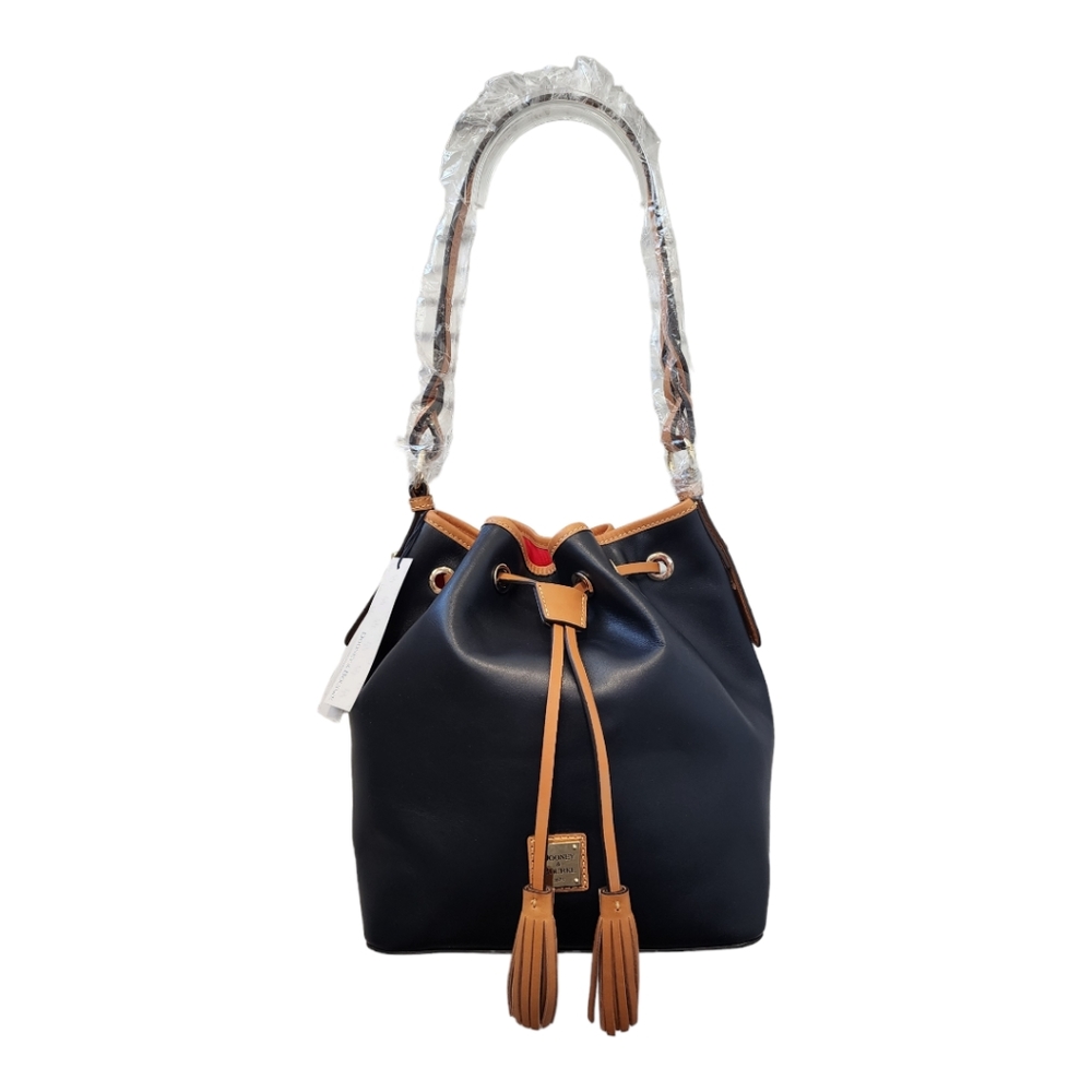 NWT Dooney & Bourke Wexford Leather Tasha Drawstring Black & Tan Bucket Bag